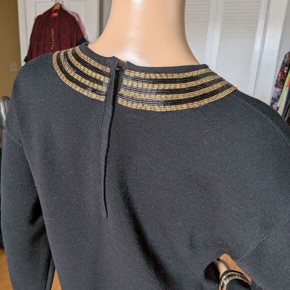 Vintage 80s Harve Benard Wool Sweater Dress Double Knit Beaded Rose Size S - Picture 11 of 15